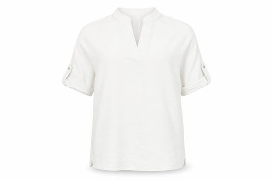 Front view of Joan Vass women’s white polyester basic blouse, size S, v-neck