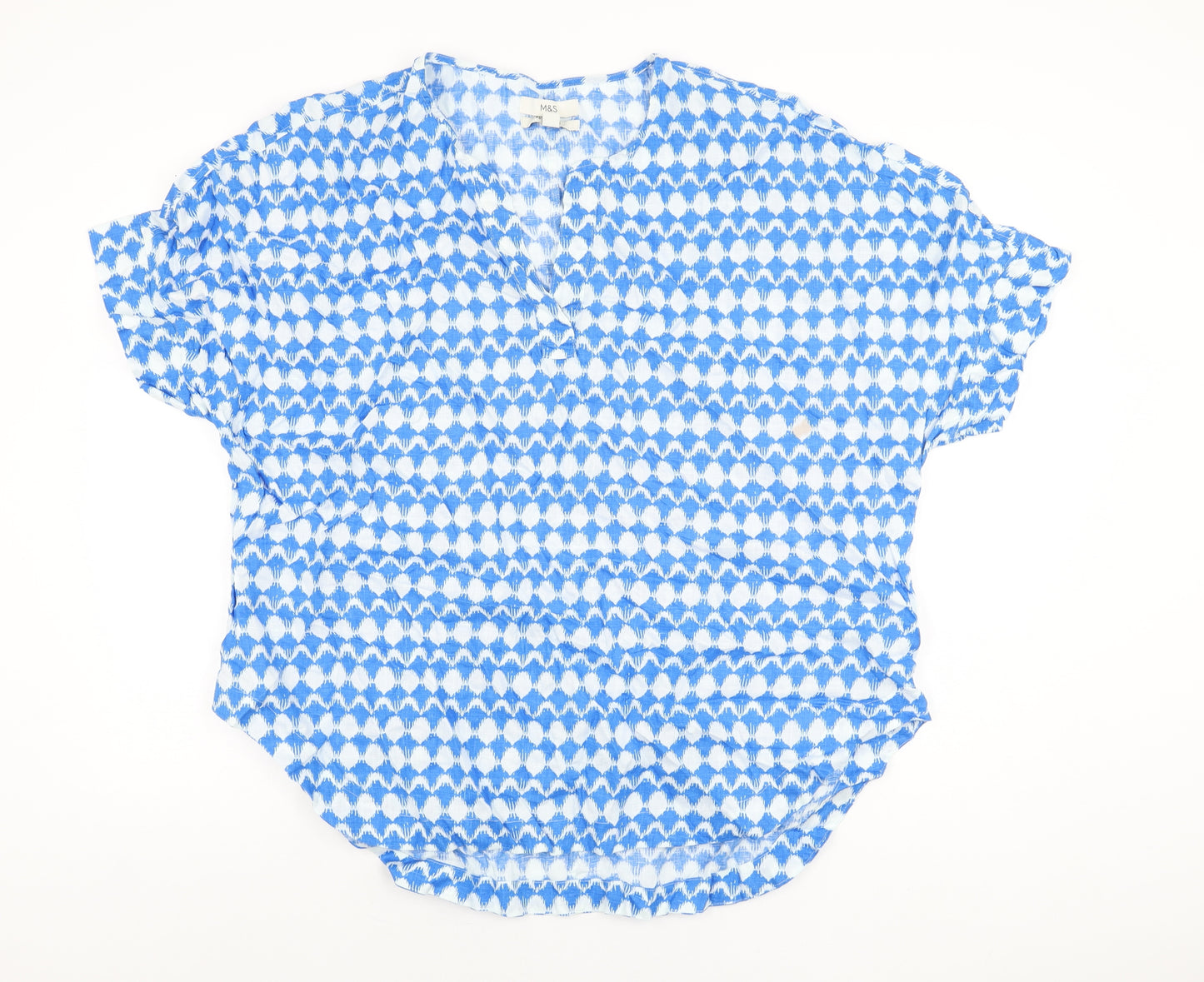 Marks and Spencer Womens Blue Geometric Linen Basic T-Shirt Size 20 V-Neck