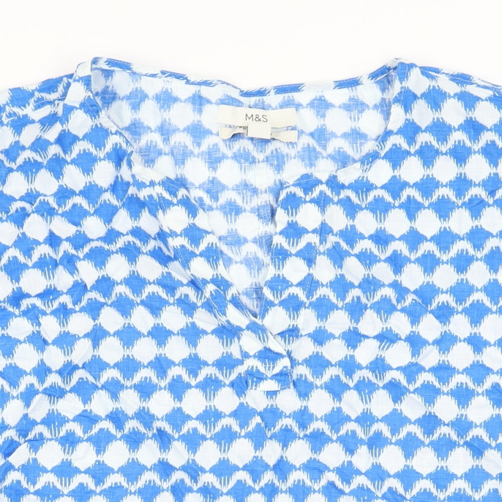 Marks and Spencer Womens Blue Geometric Linen Basic T-Shirt Size 20 V-Neck