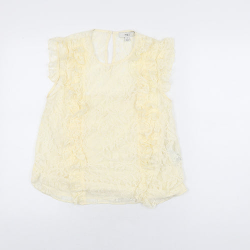 Marks and Spencer Womens Ivory Floral Polyamide Basic T-Shirt Size 8 Round Neck