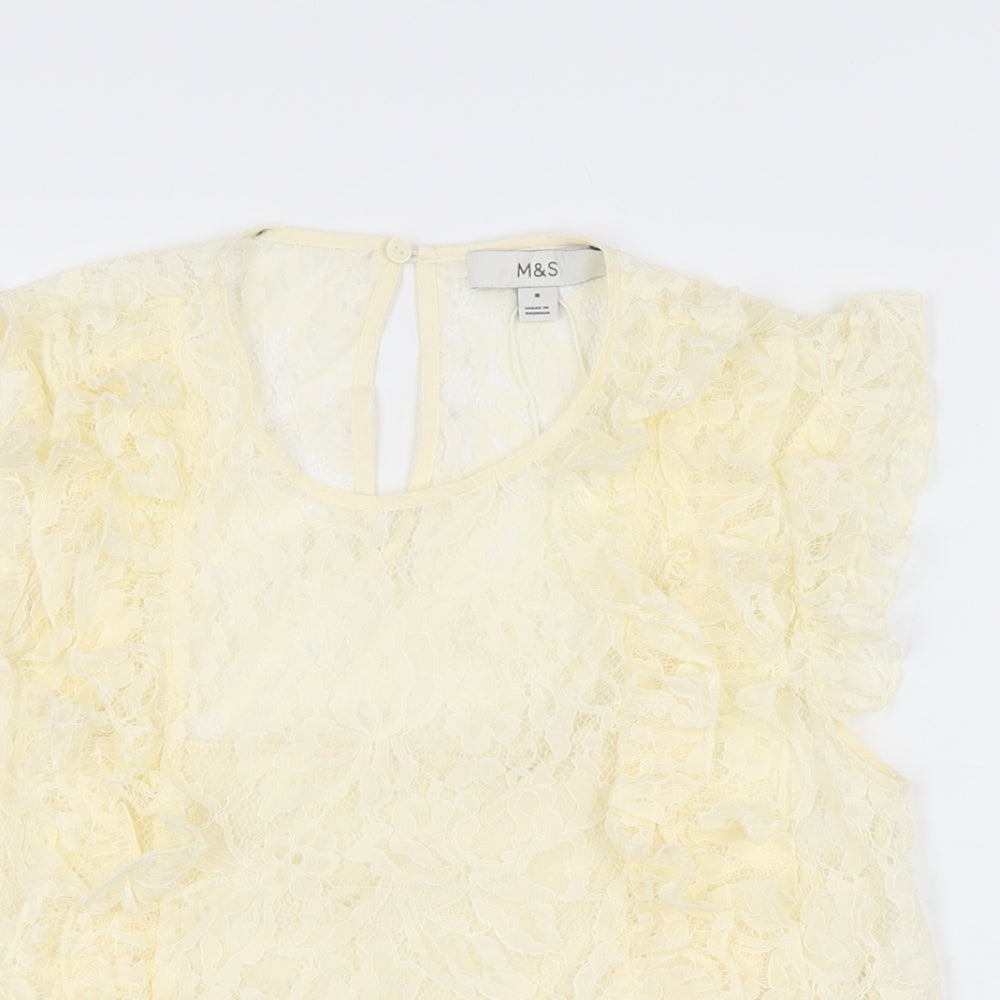 Marks and Spencer Womens Ivory Floral Polyamide Basic T-Shirt Size 8 Round Neck