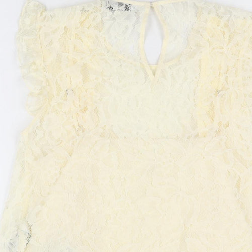Marks and Spencer Womens Ivory Floral Polyamide Basic T-Shirt Size 8 Round Neck