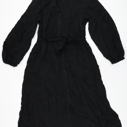 Marks and Spencer Womens Black Linen A-Line Size 16 V-Neck Button