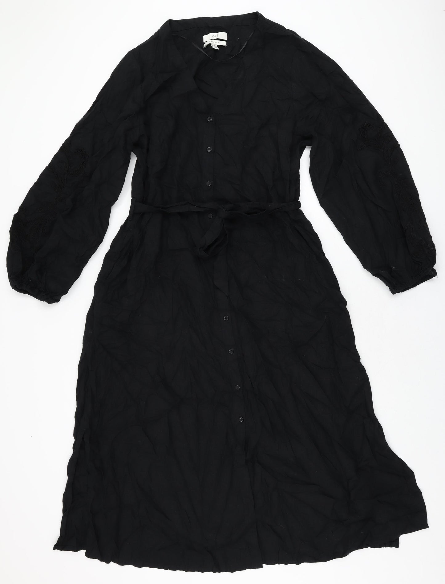 Marks and Spencer Womens Black Linen A-Line Size 16 V-Neck Button