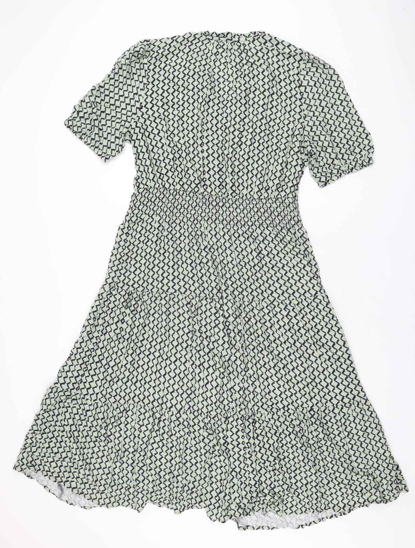 Marks and Spencer Womens Green Geometric Viscose A-Line Size 14 V-Neck Pullover