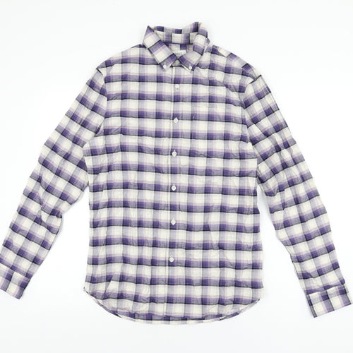 Marks and Spencer Mens Purple Plaid Cotton Button-Up Size S Collared Button