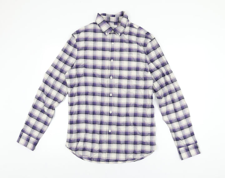 Marks and Spencer Mens Purple Plaid Cotton Button-Up Size S Collared Button