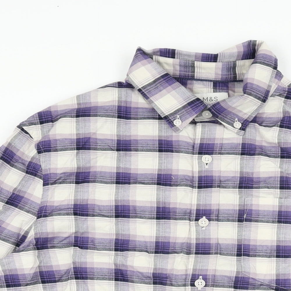 Marks and Spencer Mens Purple Plaid Cotton Button-Up Size S Collared Button