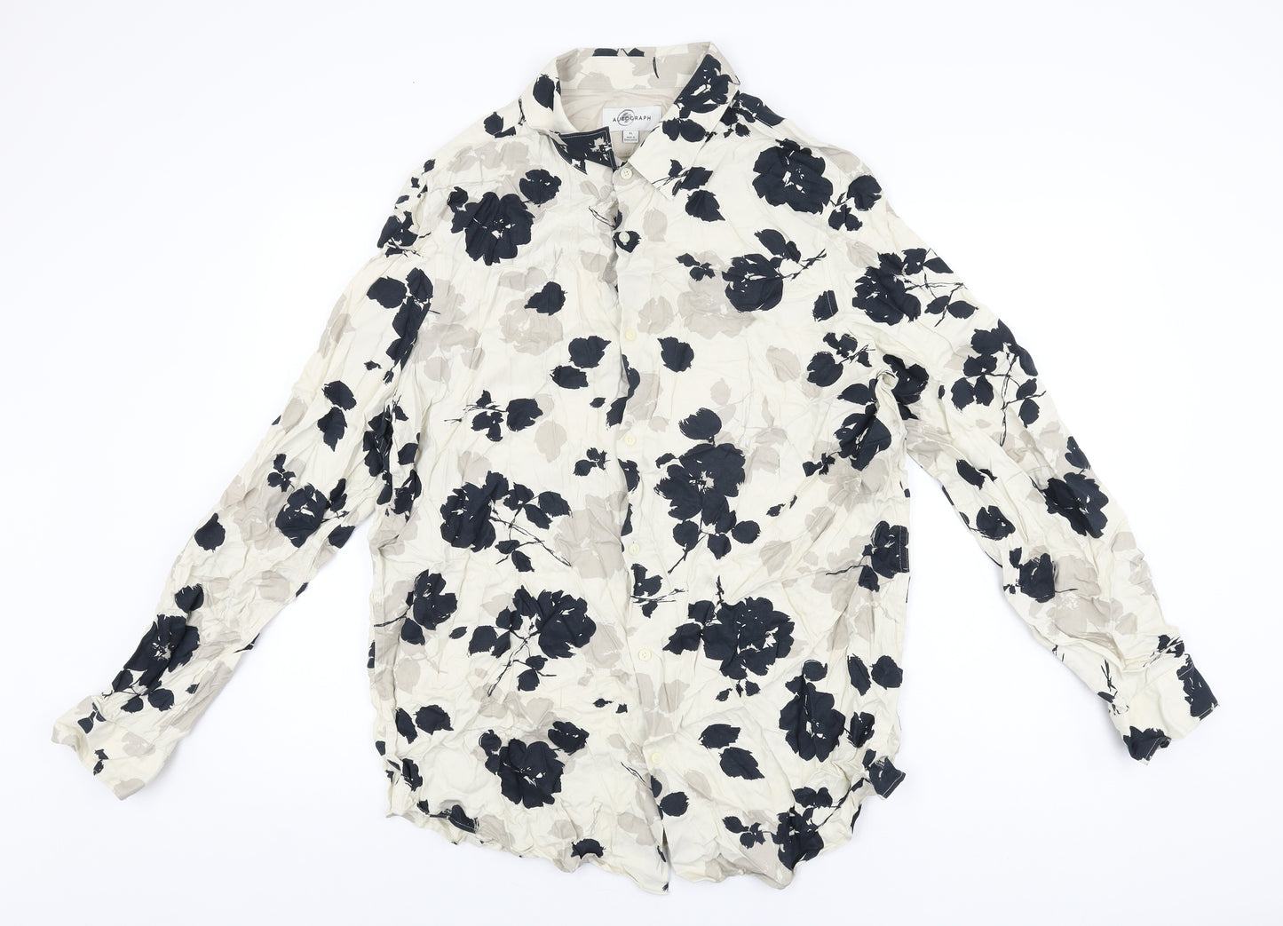 Autograph Mens Beige Floral Viscose Button-Up Size XL Collared Button
