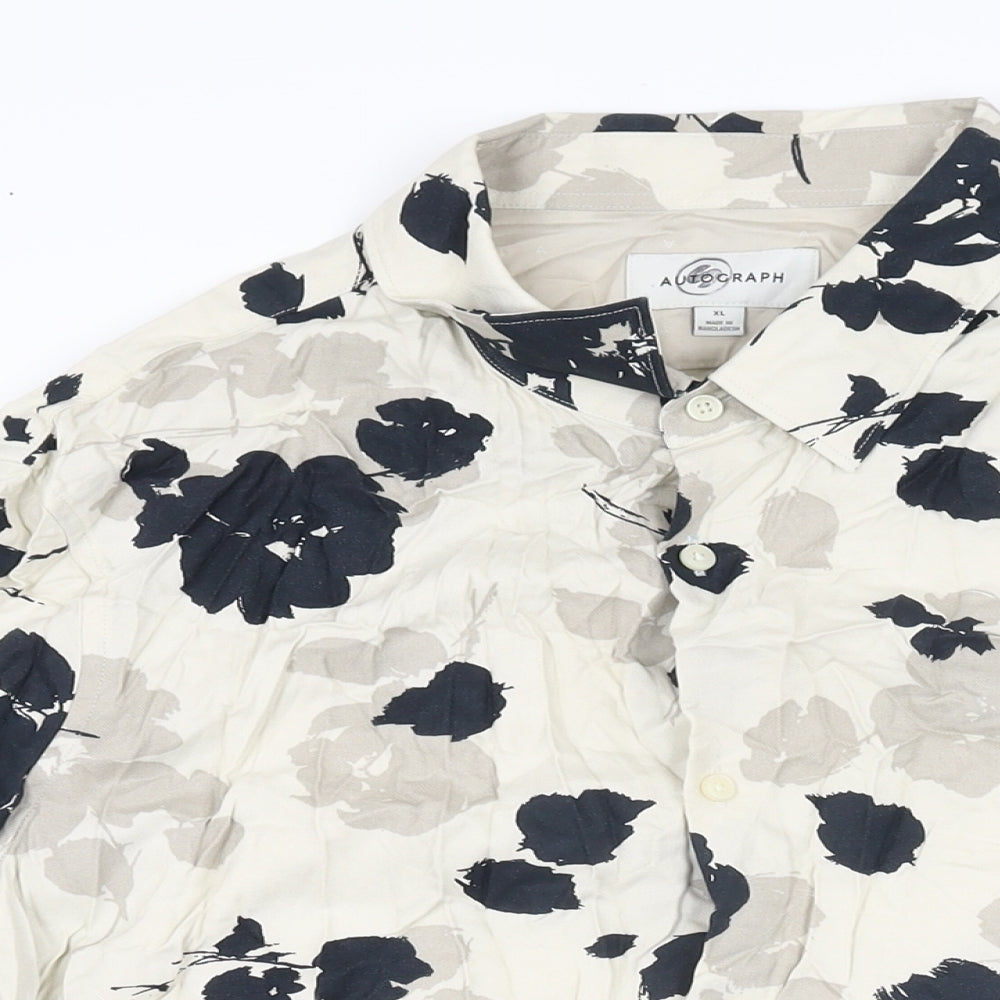 Autograph Mens Beige Floral Viscose Button-Up Size XL Collared Button