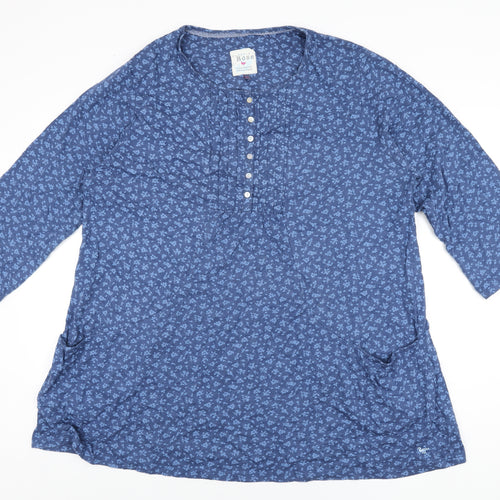 Country Rose Womens Blue Floral Cotton Basic T-Shirt Size XL Round Neck
