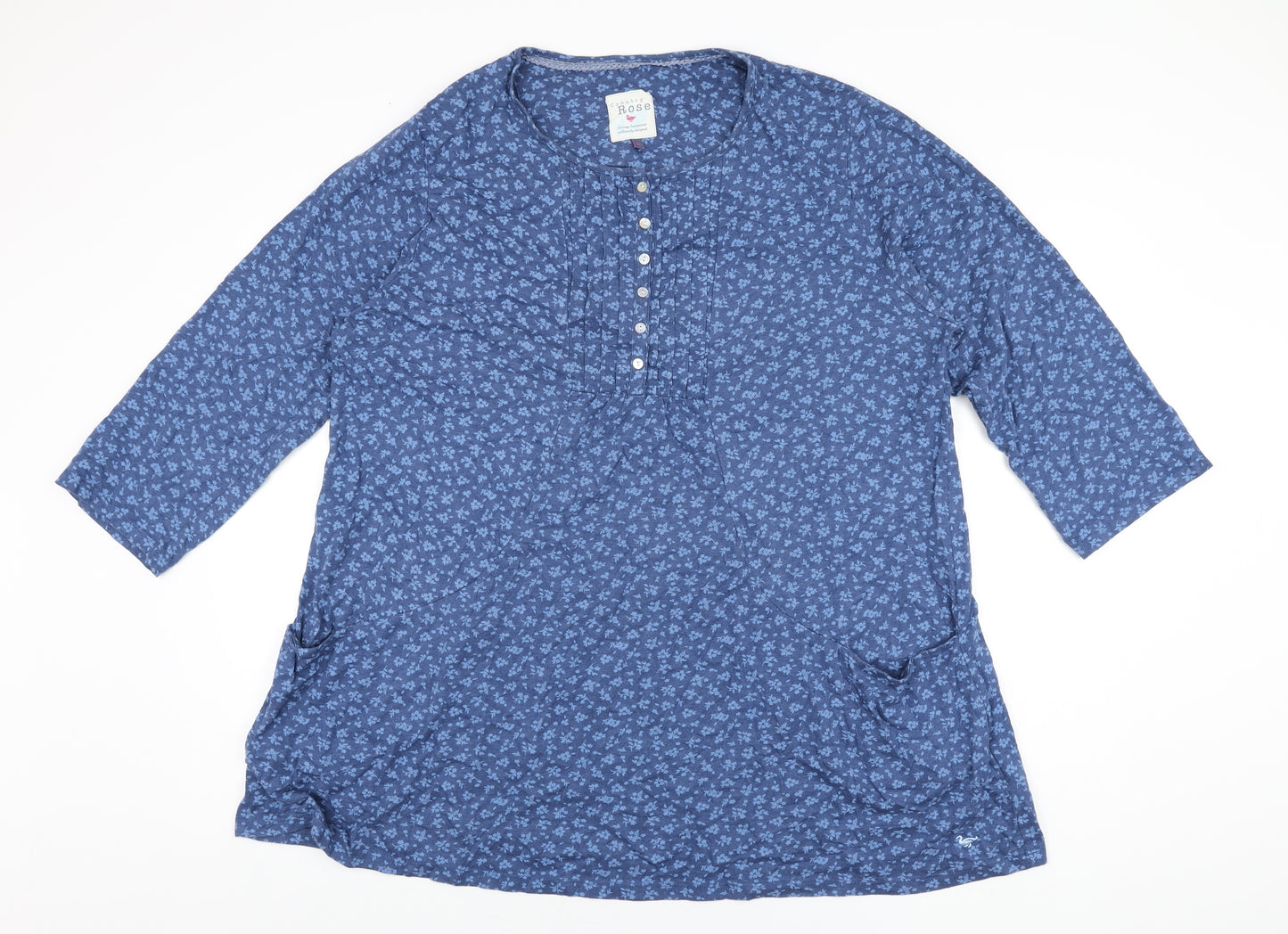 Country Rose Womens Blue Floral Cotton Basic T-Shirt Size XL Round Neck