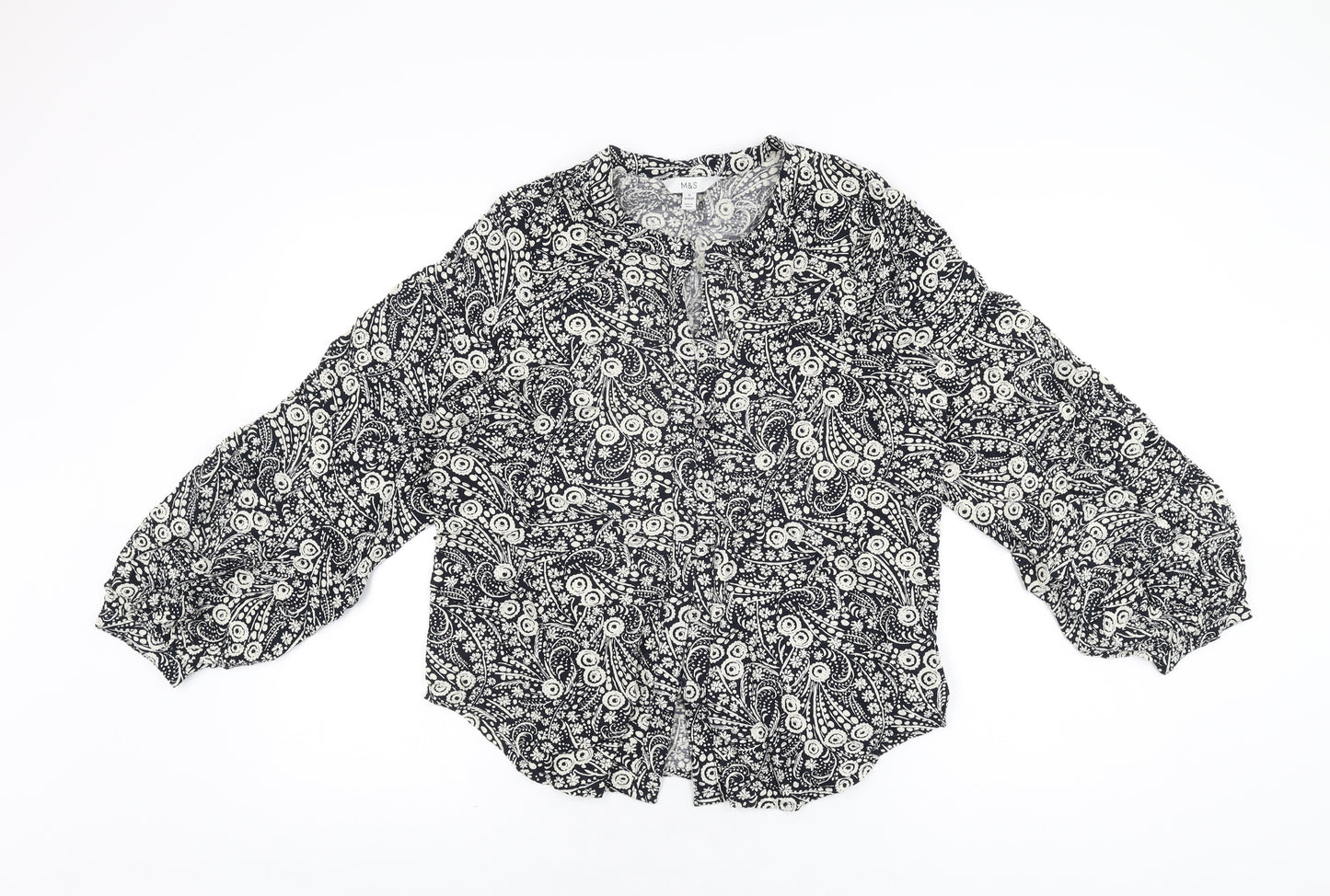 Marks and Spencer Womens Black Floral Cotton Basic Button-Up Size 10 V-Neck