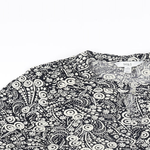 Marks and Spencer Womens Black Floral Cotton Basic Button-Up Size 10 V-Neck