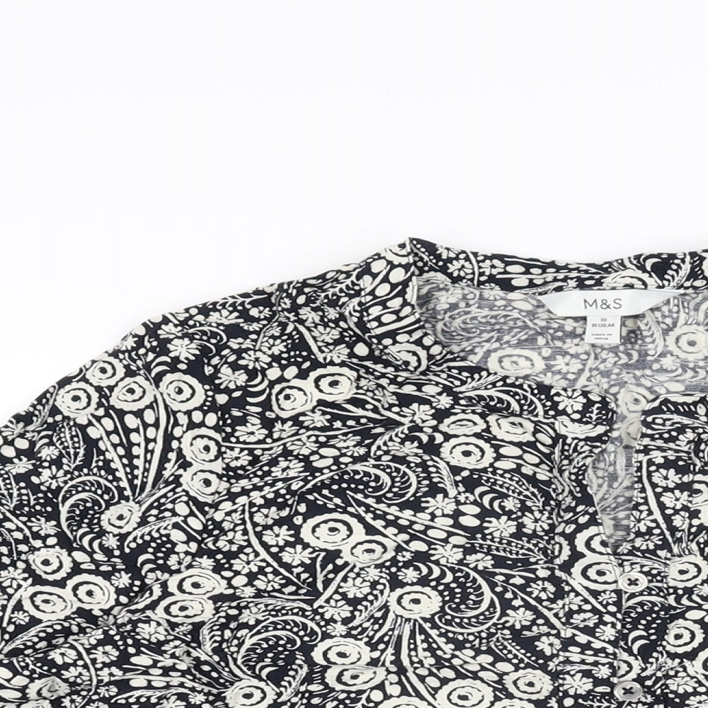 Marks and Spencer Womens Black Floral Cotton Basic Button-Up Size 10 V-Neck