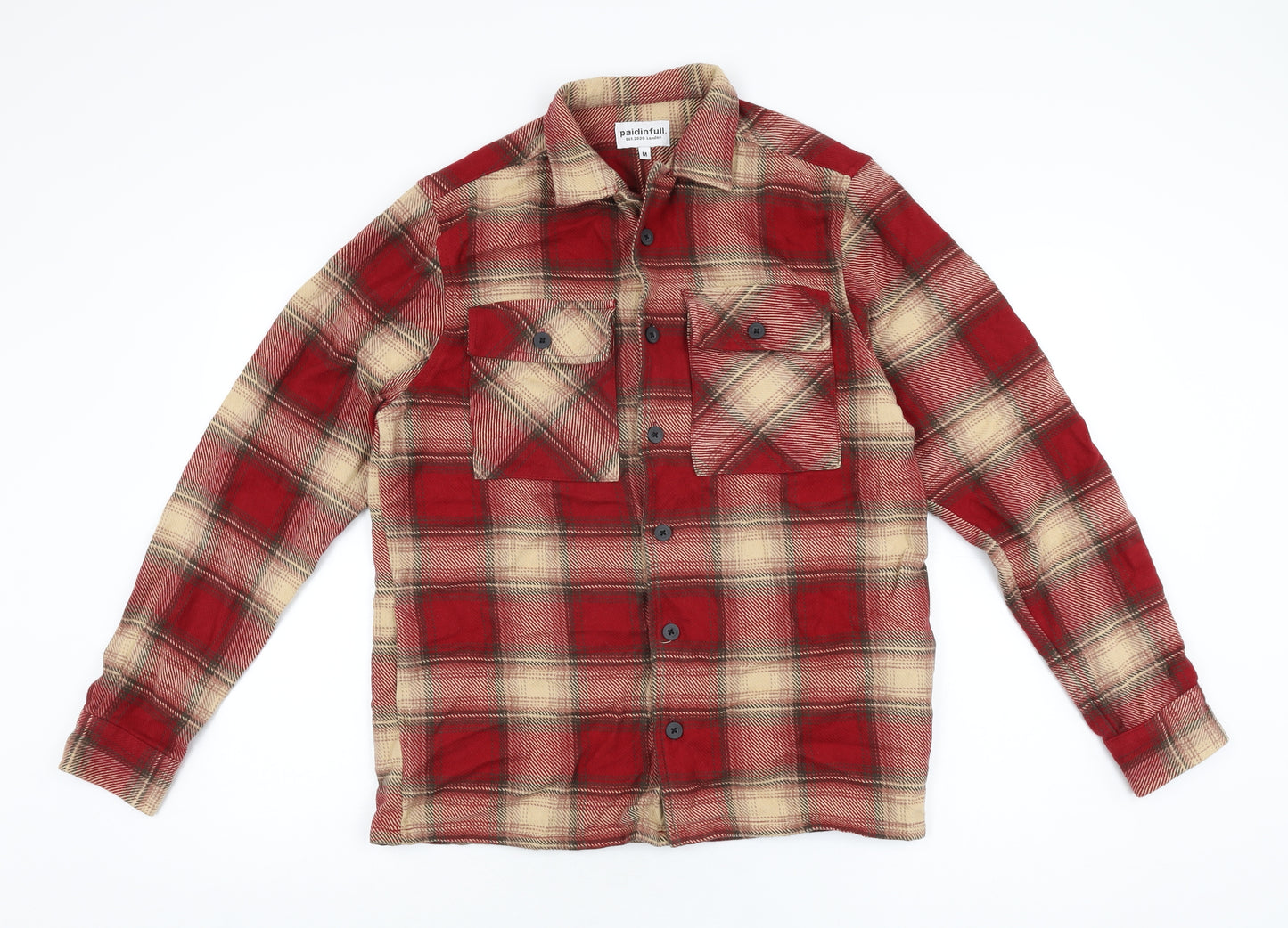 paidinfull Mens Red Plaid Cotton Button-Up Size M Collared Button