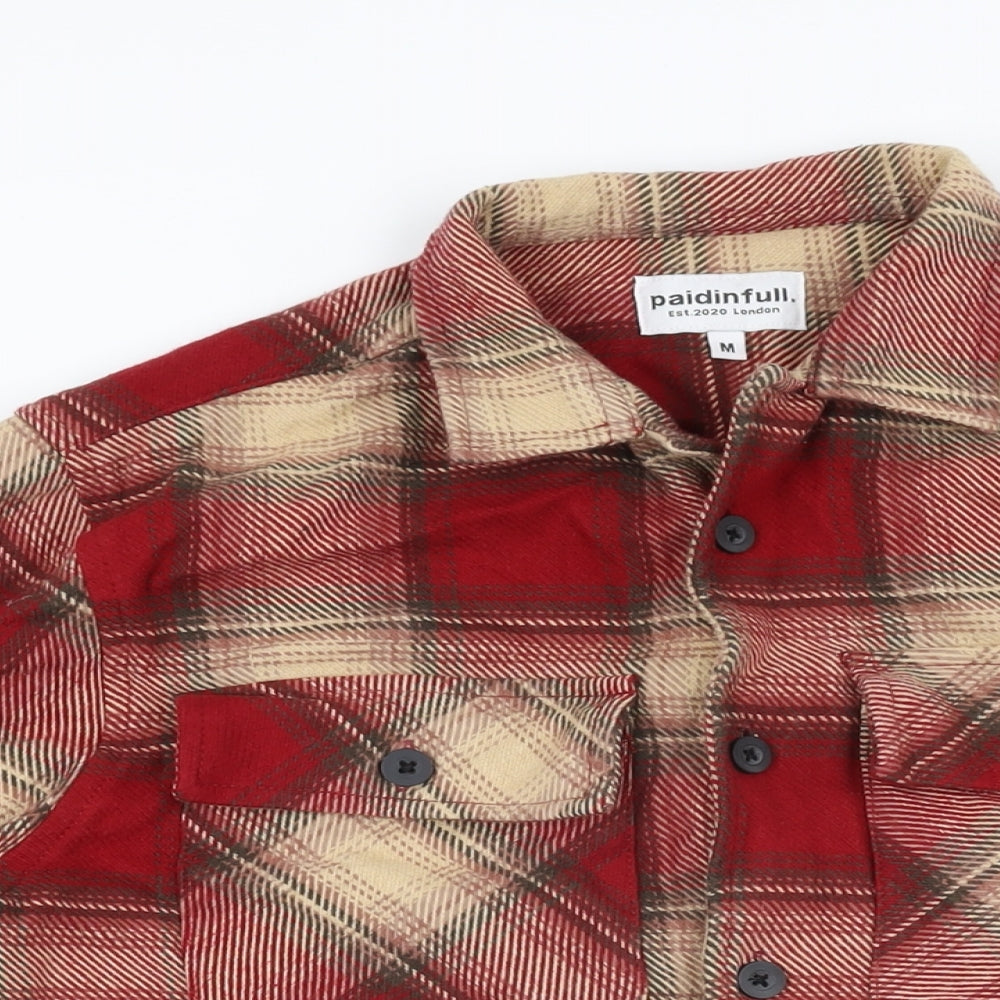 paidinfull Mens Red Plaid Cotton Button-Up Size M Collared Button