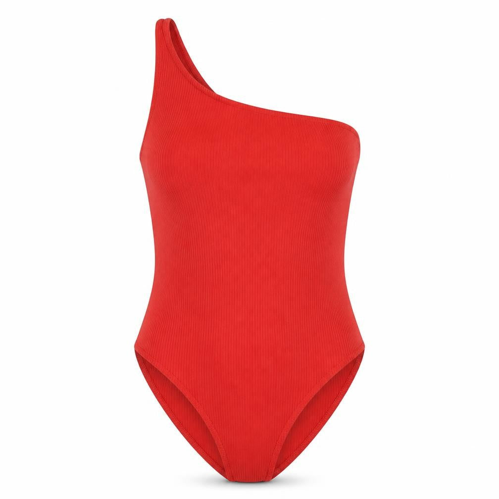 Front view of Miss Selfridge women’s red polyester bodysuit one-piece, size UK 6, snap
