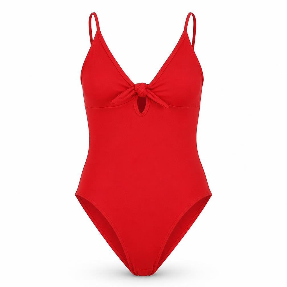 Front view of H&M women’s red polyester bodysuit one-piece, size M, snap