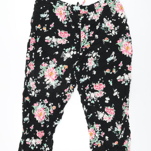 Marks and Spencer Womens Black Floral Viscose Trousers Size 18 L27 in Regular Drawstring