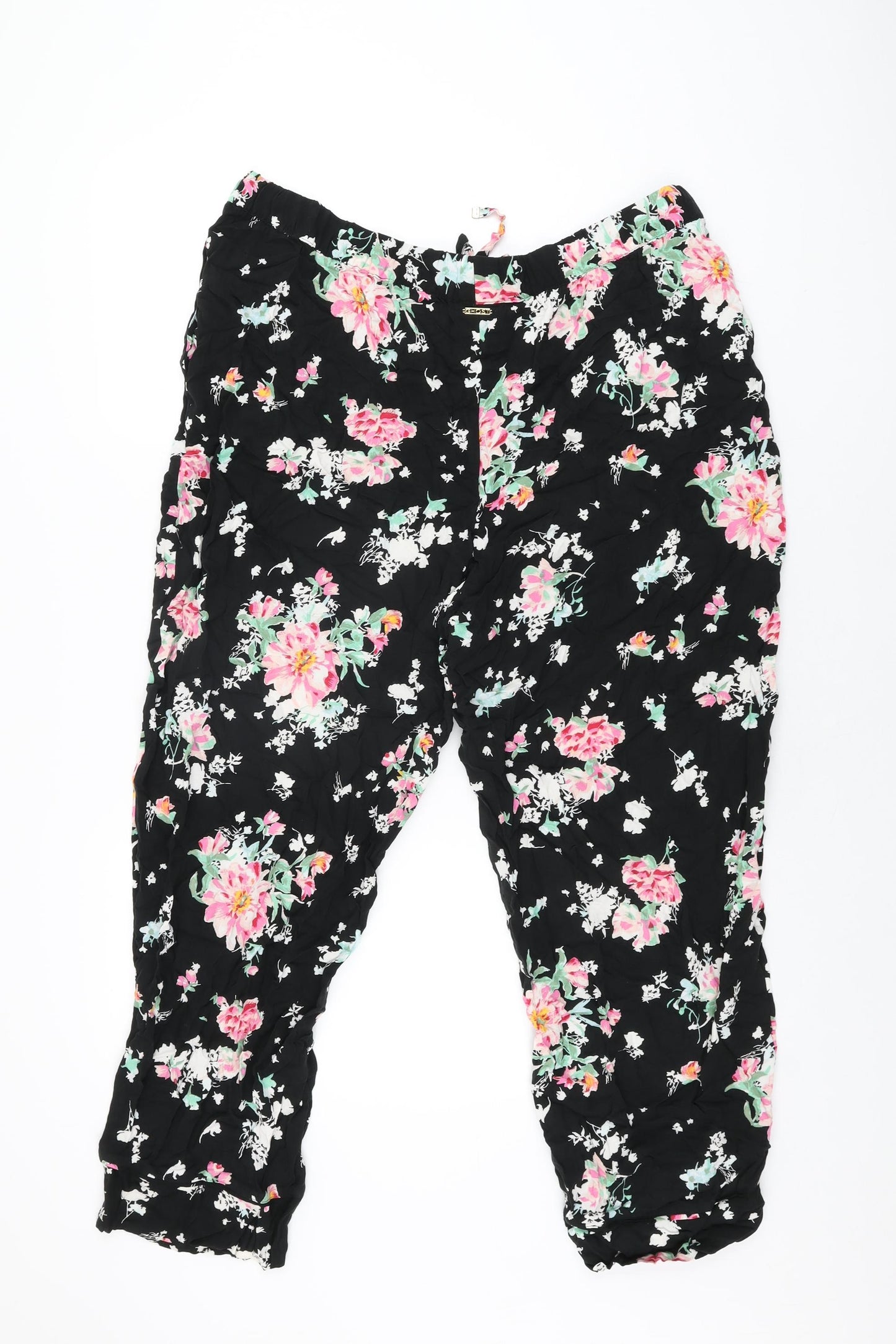 Marks and Spencer Womens Black Floral Viscose Trousers Size 18 L27 in Regular Drawstring