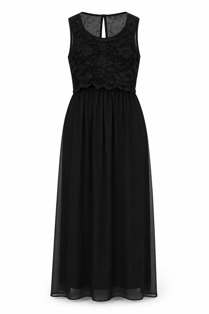 Front view of Miss Selfridge women’s black polyester maxi, size UK 6, round neck button