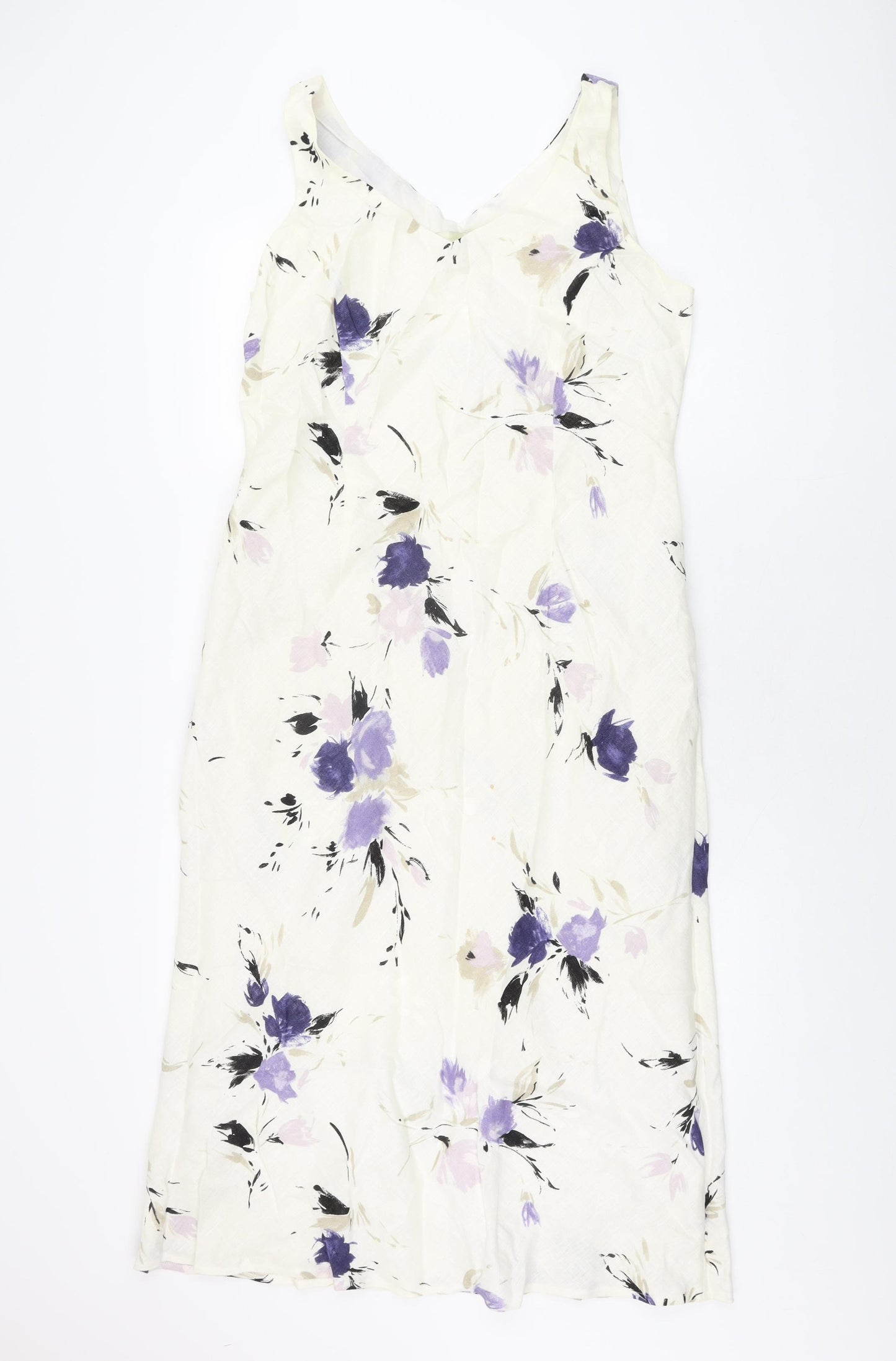 Minuet Womens Ivory Floral Linen A-Line Size 14 V-Neck Pullover