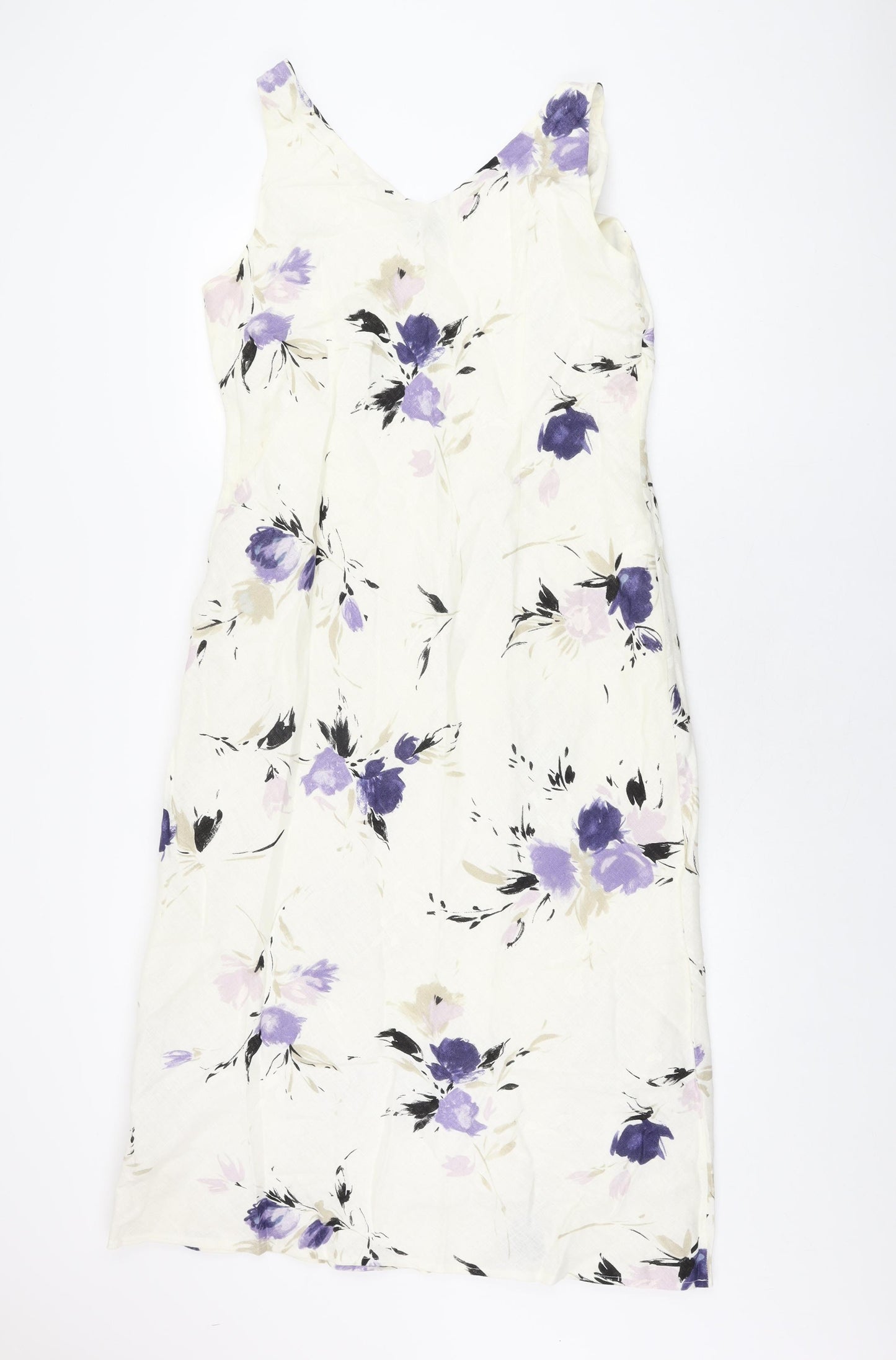 Minuet Womens Ivory Floral Linen A-Line Size 14 V-Neck Pullover