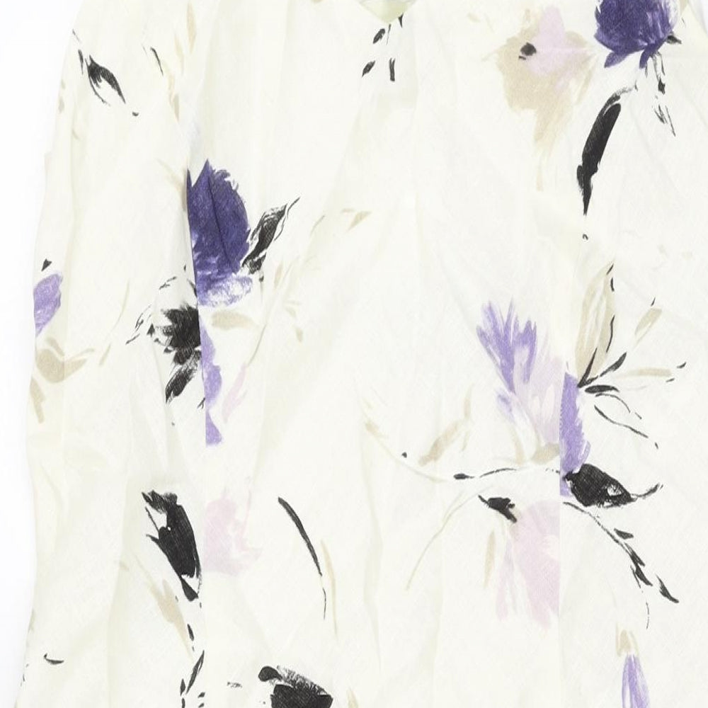 Minuet Womens Ivory Floral Linen A-Line Size 14 V-Neck Pullover