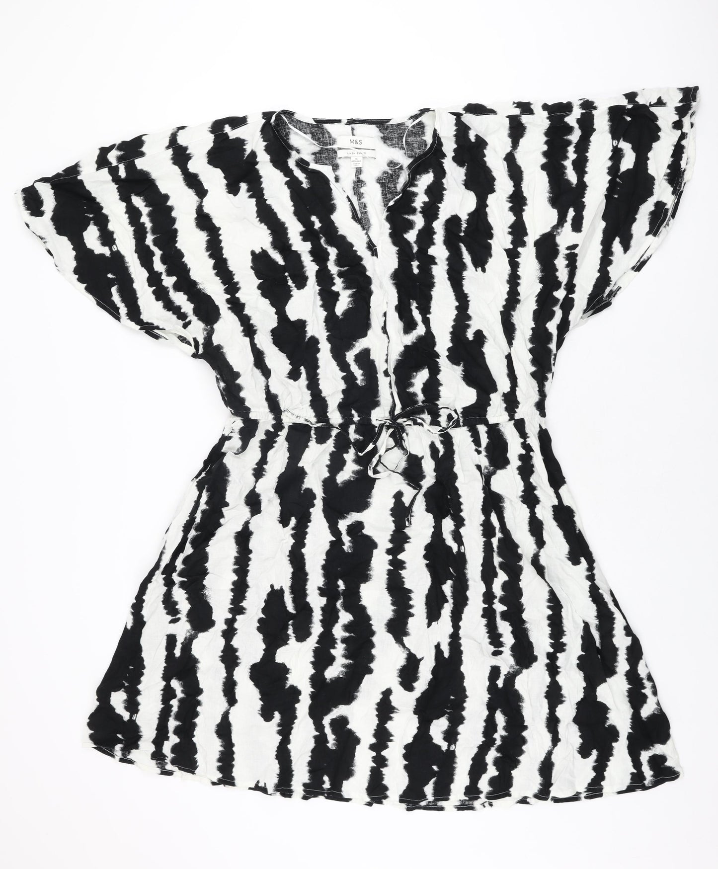 Marks and Spencer Womens White Geometric Linen Shift Size 16 V-Neck Drawstring