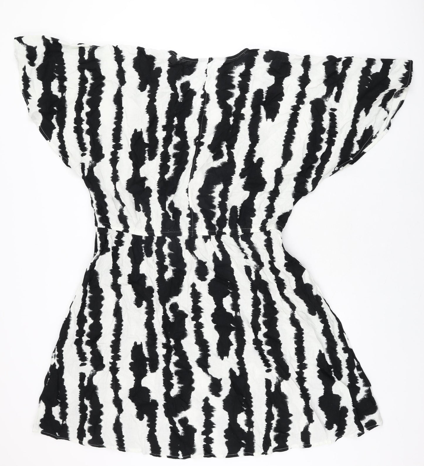 Marks and Spencer Womens White Geometric Linen Shift Size 16 V-Neck Drawstring