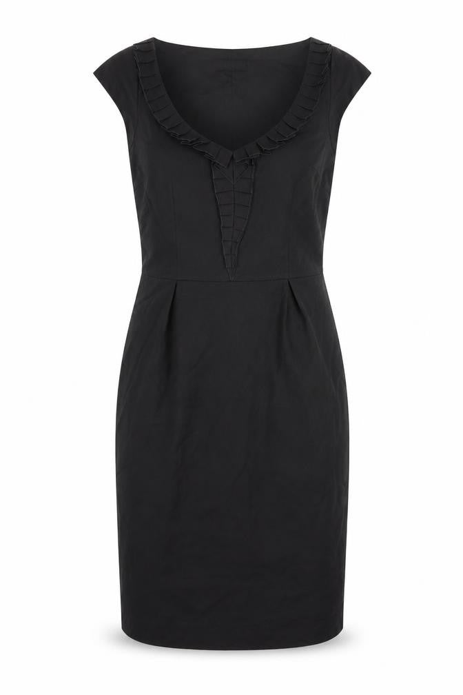 Front view of Fever women’s black polyester bodycon, size UK 8, scoop neck zip