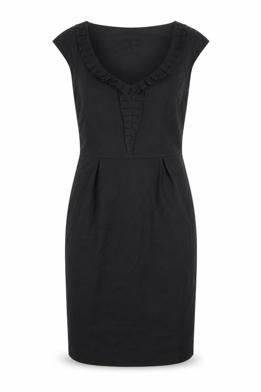 Front view of Fever women’s black polyester bodycon, size UK 8, scoop neck zip