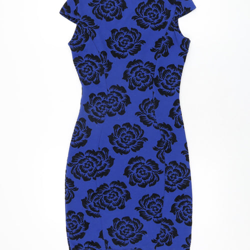 Jane Norman Womens Blue Floral Polyester Bodycon Size 10 Sweetheart Pullover