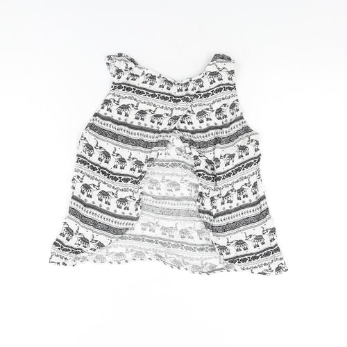 H&M Womens White Geometric Viscose Cropped T-Shirt Size 8 Round Neck