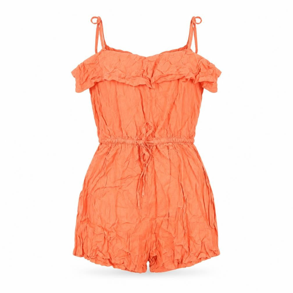 Front view of H&M women’s orange viscose playsuit one-piece, size UK 8, 3-inch leg drawstring
