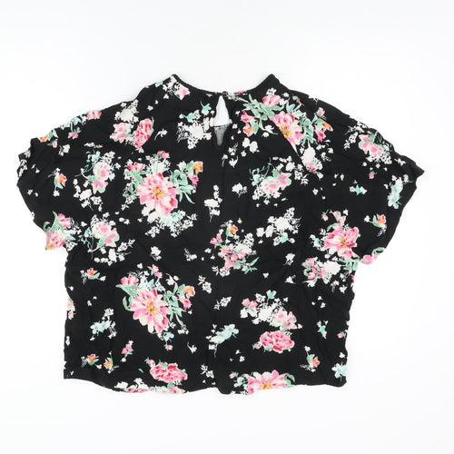 Marks and Spencer Womens Black Floral Viscose Basic T-Shirt Size 18 Round Neck