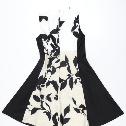 DKNY Womens Black Floral Polyester A-Line Size 8 Round Neck Zip