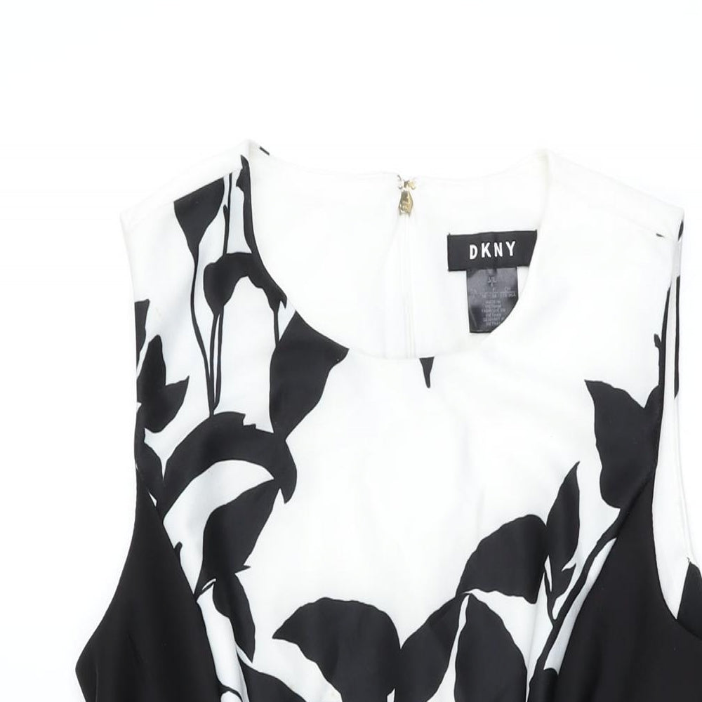 DKNY Womens Black Floral Polyester A-Line Size 8 Round Neck Zip