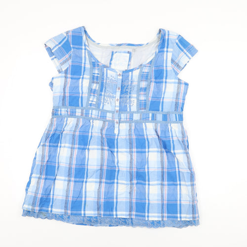 Fat Face Womens Blue Plaid Cotton Basic T-Shirt Size 18 Scoop Neck
