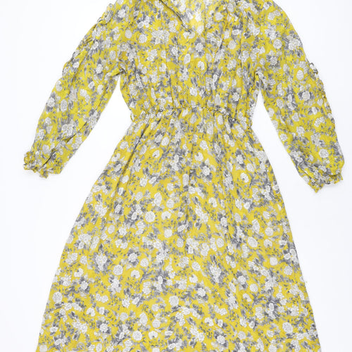 Zara Womens Yellow Floral Polyester A-Line Size M V-Neck Pullover