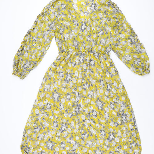 Zara Womens Yellow Floral Polyester A-Line Size M V-Neck Pullover