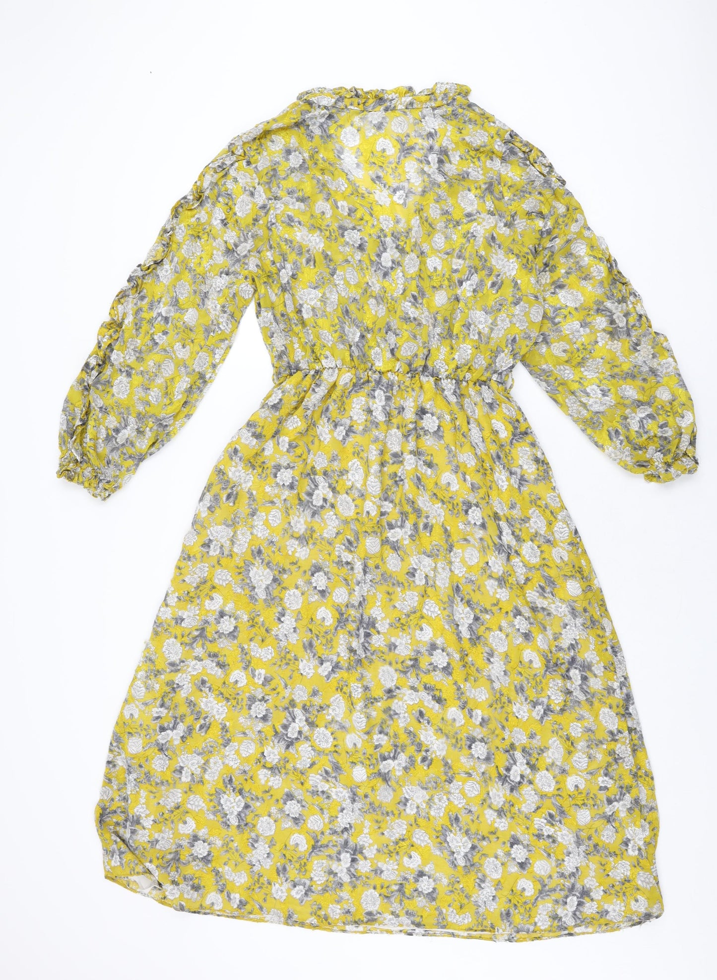 Zara Womens Yellow Floral Polyester A-Line Size M V-Neck Pullover