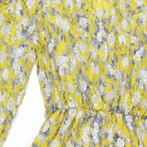 Zara Womens Yellow Floral Polyester A-Line Size M V-Neck Pullover