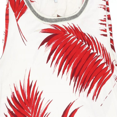 NEXT Womens White Geometric Polyester Basic T-Shirt Size 14 Round Neck - Leaf Print