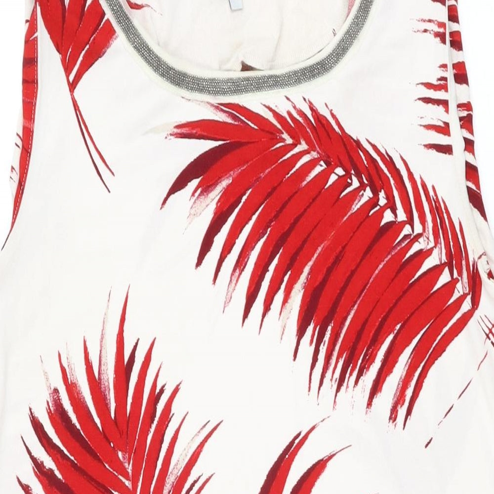 NEXT Womens White Geometric Polyester Basic T-Shirt Size 14 Round Neck - Leaf Print