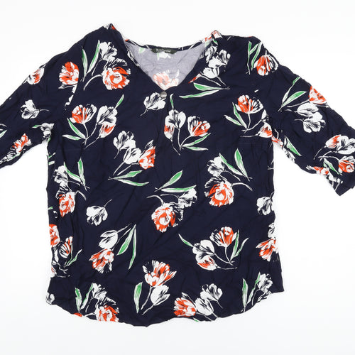 Bonmarché Womens Blue Floral Viscose Basic T-Shirt Size 18 V-Neck