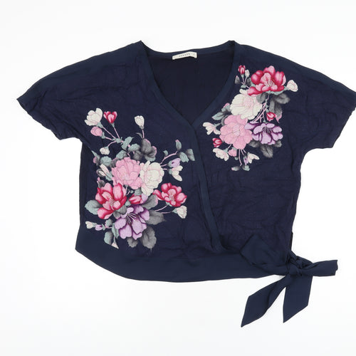 Oasis Womens Blue Floral Viscose Basic Blouse Size M V-Neck