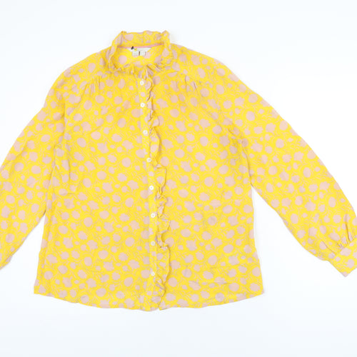 Boden Womens Yellow Floral Silk Basic Button-Up Size 12 Round Neck