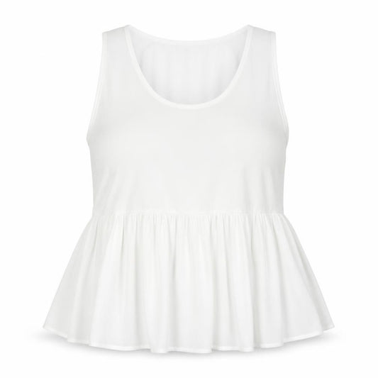Front view of Boohoo women’s white polyester basic tank, size UK 14, round neck
